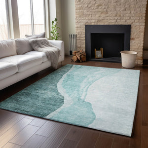 HomeRoots 9' X 12' Teal and Ivory Abstract Area Rug – Durable, Washable, UV-Protected for Family Spaces 655336