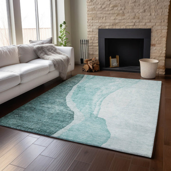 HomeRoots 9' X 12' Teal and Ivory Abstract Area Rug – Durable, Washable, UV-Protected for Family Spaces 655336