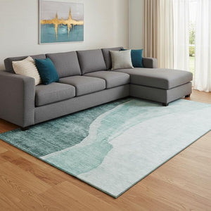 HomeRoots 9' X 12' Teal and Ivory Abstract Area Rug – Durable, Washable, UV-Protected for Family Spaces 655336