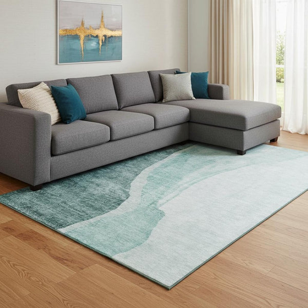 HomeRoots 9' X 12' Teal and Ivory Abstract Area Rug – Durable, Washable, UV-Protected for Family Spaces 655336