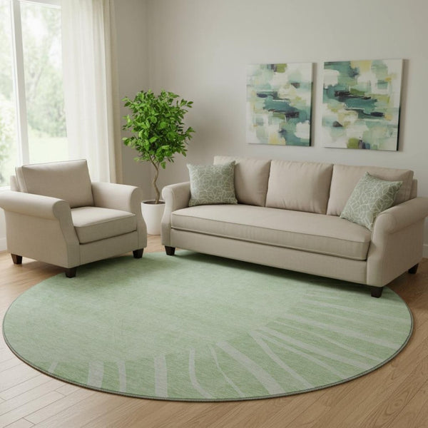 HomeRoots 8' Artichoke Green & Ivory Round Abstract Rug - Washable, UV-Protected, Durable Design for Any Space 655346