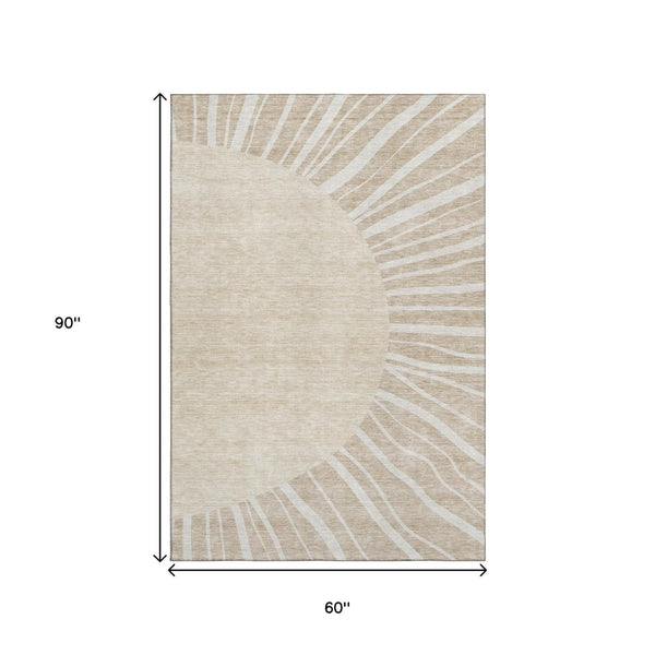 HomeRoots 5' X 8' Beige and Khaki Abstract Area Rug - Stain-Resistant, UV Protected, Perfect for Any Space! 655351