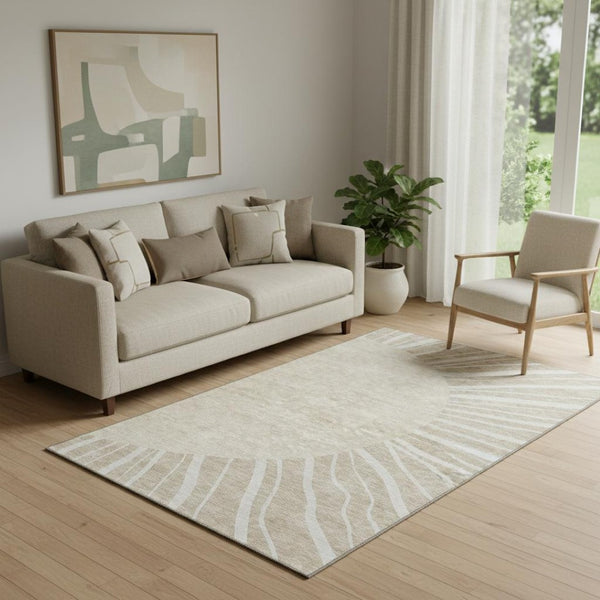 HomeRoots 5' X 8' Beige and Khaki Abstract Area Rug - Stain-Resistant, UV Protected, Perfect for Any Space! 655351