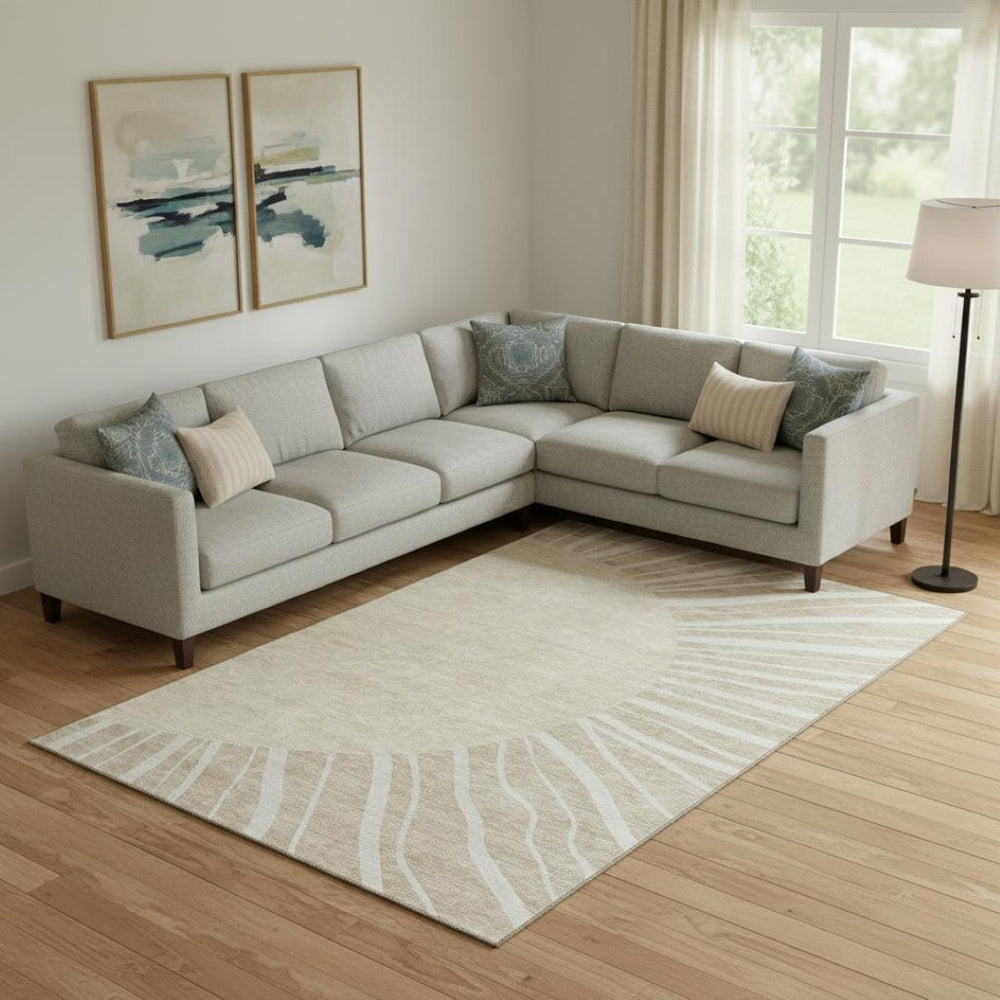 HomeRoots 9' X 12' Washable Beige and Khaki Abstract Area Rug with UV Protection for Modern Living Spaces 655354