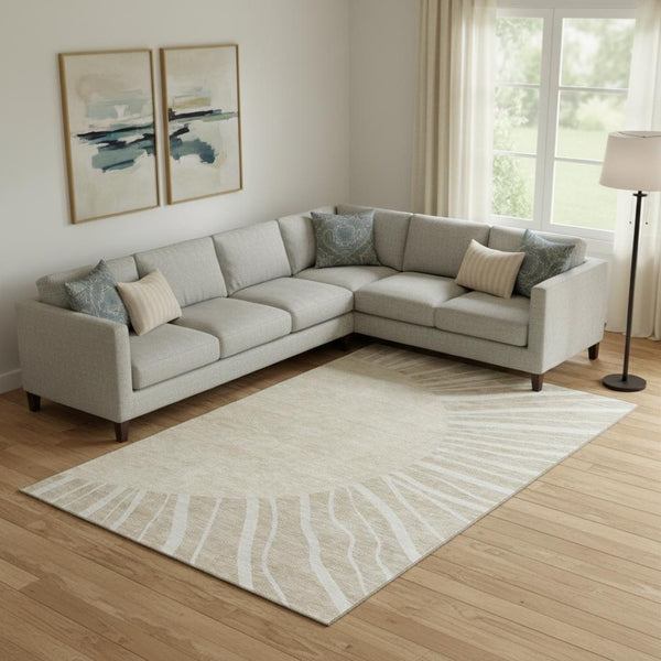 HomeRoots 9' X 12' Washable Beige and Khaki Abstract Area Rug with UV Protection for Modern Living Spaces 655354