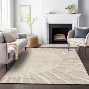 HomeRoots 10' Beige & Khaki Abstract Area Rug - Washable, UV-Protected, Durable for Homes with Kids & Pets 655355