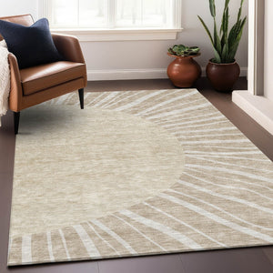 HomeRoots 10' Beige & Khaki Abstract Area Rug - Washable, UV-Protected, Durable for Homes with Kids & Pets 655355