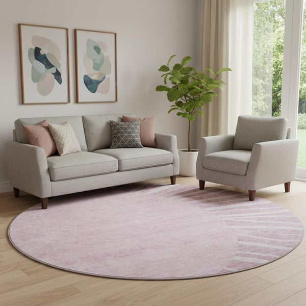 HomeRoots 8' Blush and Ivory Abstract Round Rug - Washable, UV Protected, Stain Resistant for Modern Spaces 655358