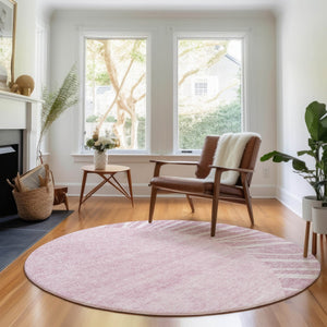 HomeRoots 8' Blush and Ivory Abstract Round Rug - Washable, UV Protected, Stain Resistant for Modern Spaces 655358