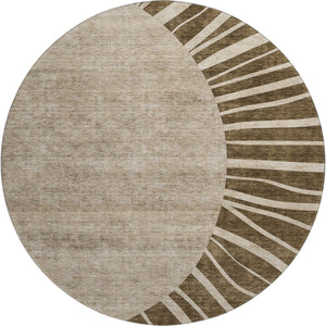 HomeRoots 8' Brown and Beige Abstract Washable Round Rug - Durable, Stain-Resistant, UV Protected for Modern Spaces 655364