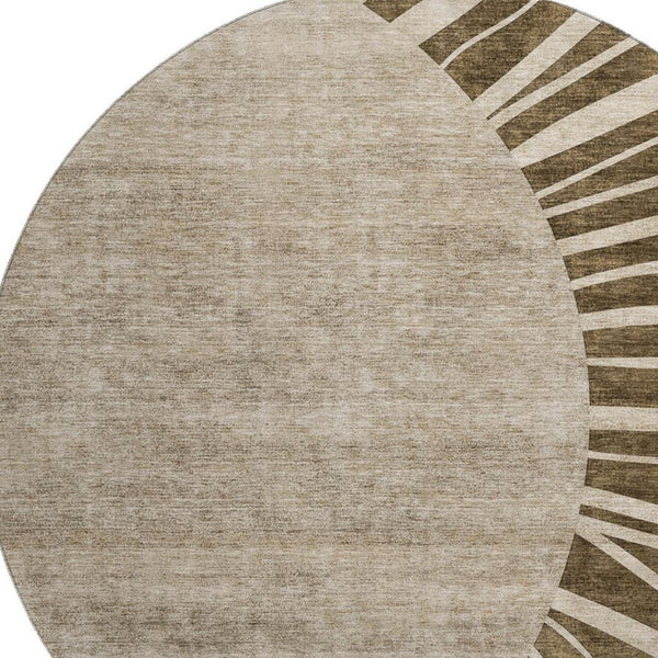 HomeRoots 8' Brown and Beige Abstract Washable Round Rug - Durable, Stain-Resistant, UV Protected for Modern Spaces 655364