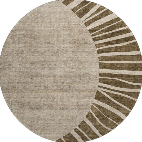 HomeRoots 8' Brown and Beige Abstract Washable Round Rug - Durable, Stain-Resistant, UV Protected for Modern Spaces 655364