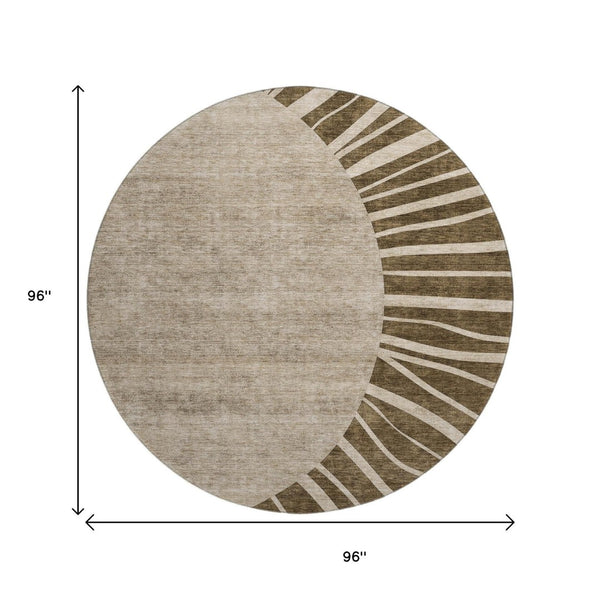 HomeRoots 8' Brown and Beige Abstract Washable Round Rug - Durable, Stain-Resistant, UV Protected for Modern Spaces 655364