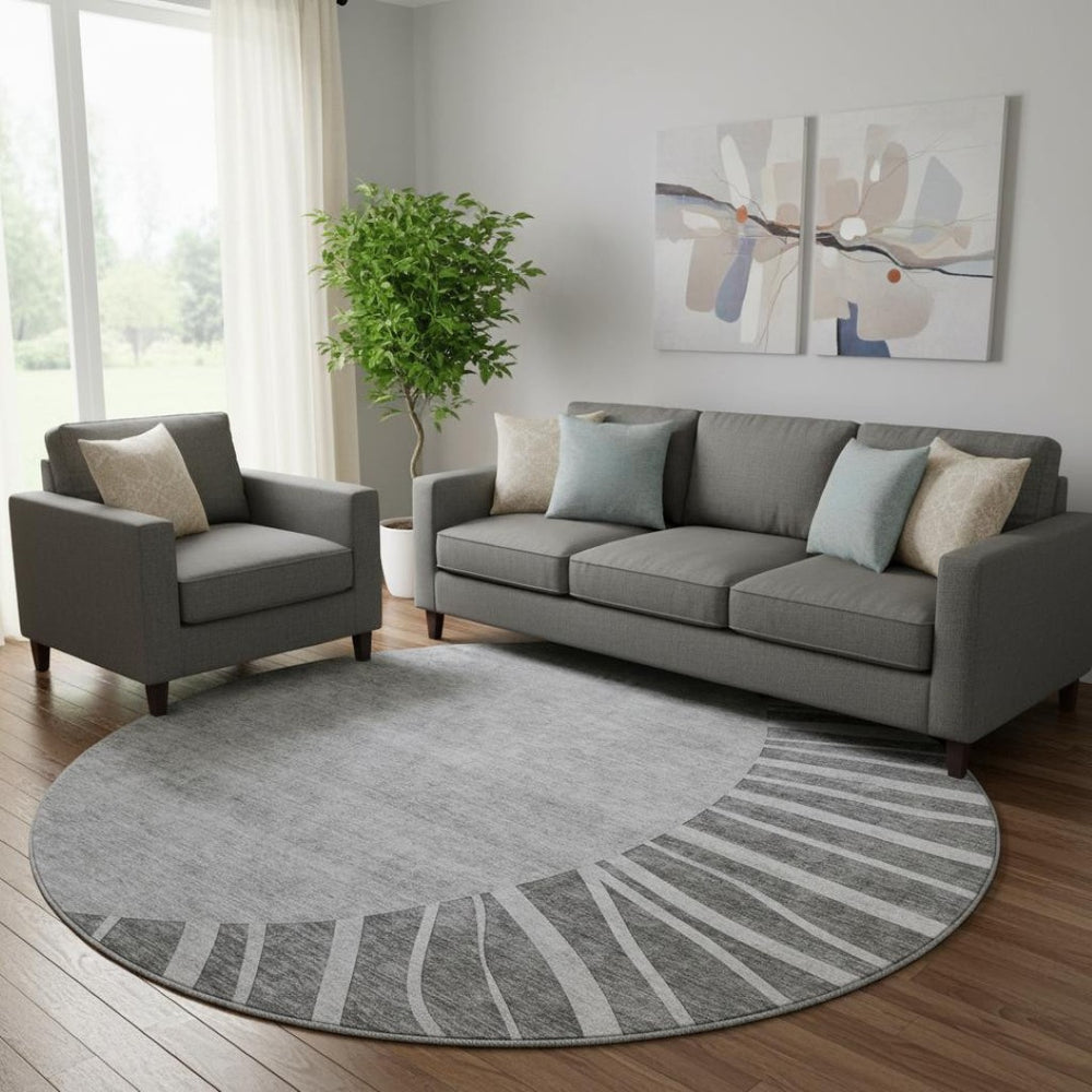 HomeRoots 8' Charcoal and Silver Abstract Round Rug - Washable, UV-Protected, Durable for High-Traffic Areas 655370