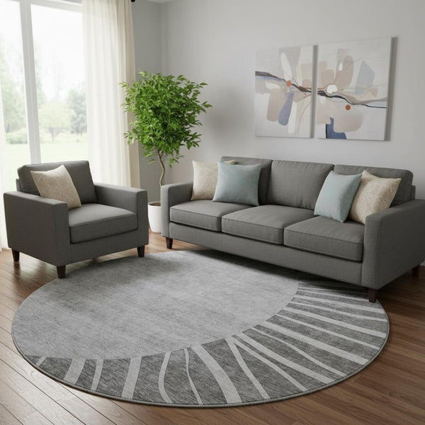 HomeRoots 8' Charcoal and Silver Abstract Round Rug - Washable, UV-Protected, Durable for High-Traffic Areas 655370