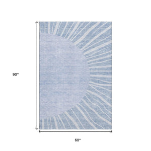 HomeRoots 5' X 8' Denim Blue & Ivory Abstract Area Rug - Washable, UV-Protected, Durable & Stylish for Homes 655381