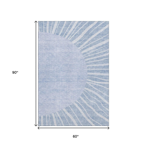 HomeRoots 5' X 8' Denim Blue & Ivory Abstract Area Rug - Washable, UV-Protected, Durable & Stylish for Homes 655381