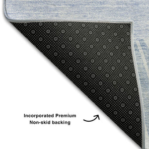 HomeRoots 8' Stylish Denim Blue and Ivory Abstract Washable Round Rug with UV Protection for Family Spaces 655382