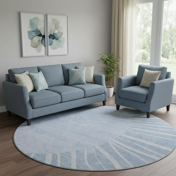 HomeRoots 8' Stylish Denim Blue and Ivory Abstract Washable Round Rug with UV Protection for Family Spaces 655382