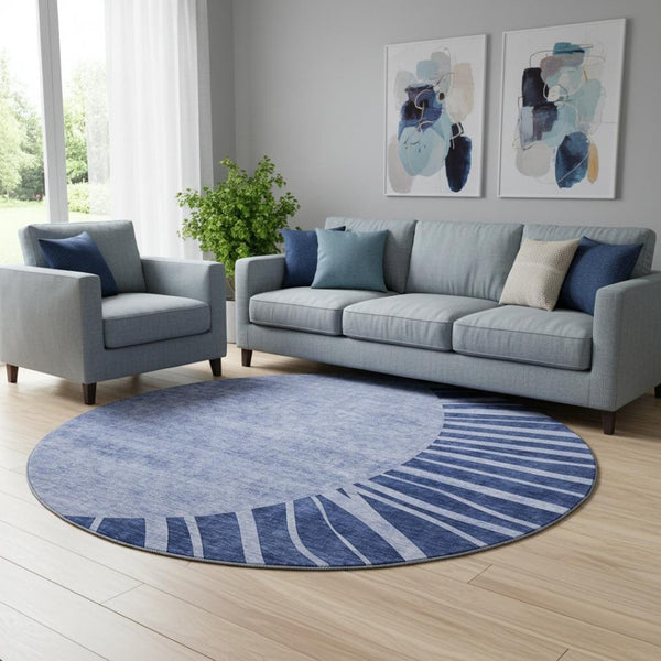 HomeRoots 8' Navy Blue and Ivory Abstract Round Rug - Washable, Durable with UV Protection for Busy Homes 655394
