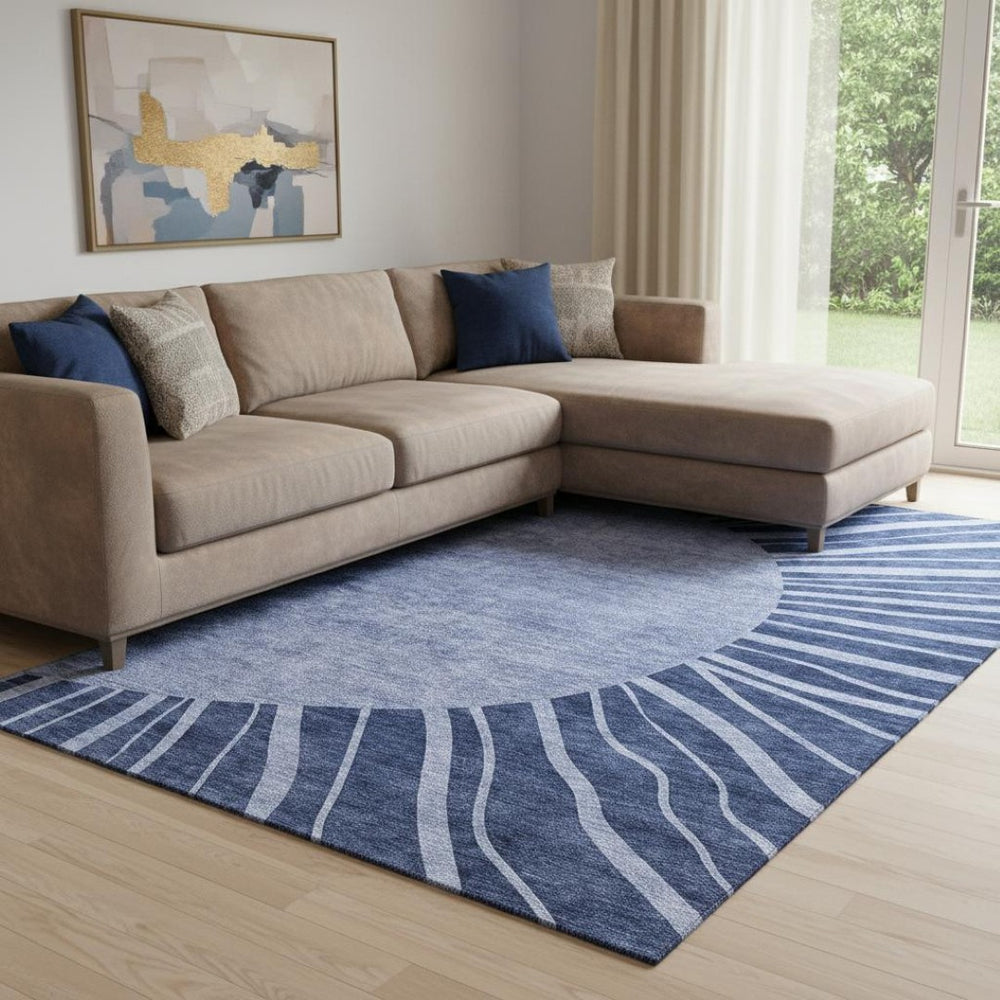 HomeRoots 9' X 12' Navy Blue Ivory Abstract Washable Area Rug - UV Protected, Stain-Resistant, Modern Design 655396