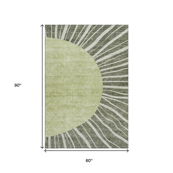 HomeRoots 5' X 8' Stylish Olive Green & Ivory Abstract Washable Area Rug with UV Protection for Homes 655399