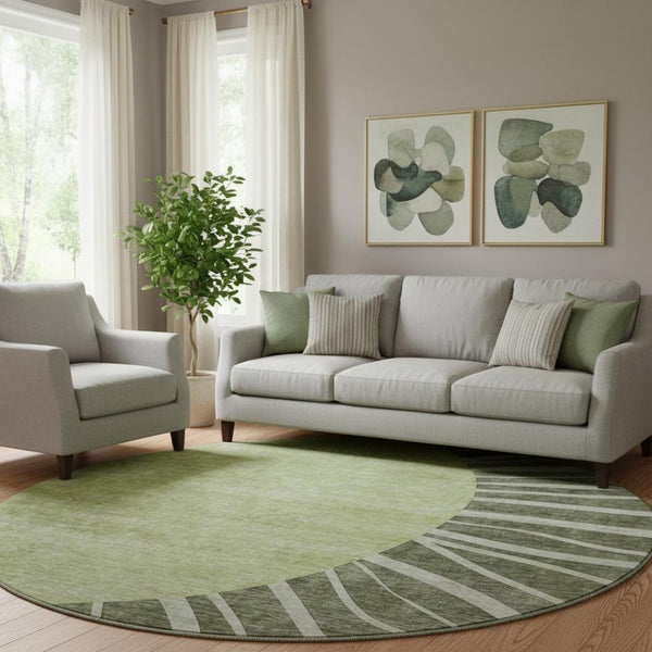 HomeRoots 8' Olive Green & Ivory Abstract Washable Round Rug – UV Protected, Durable & Family-Friendly Design 655400