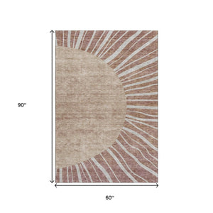 HomeRoots 5' X 8' Rustic Ivory and Rust Abstract Washable Area Rug with UV Protection for Modern Living Spaces 655405