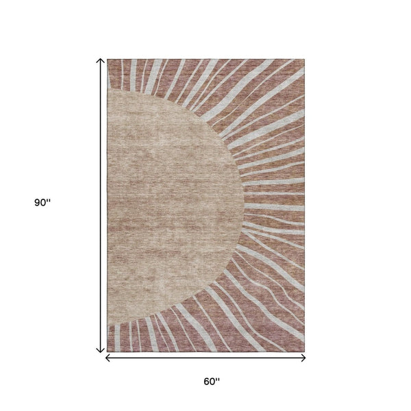 HomeRoots 5' X 8' Rustic Ivory and Rust Abstract Washable Area Rug with UV Protection for Modern Living Spaces 655405