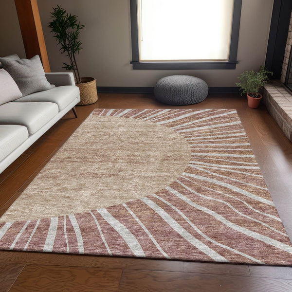 HomeRoots 5' X 8' Rustic Ivory and Rust Abstract Washable Area Rug with UV Protection for Modern Living Spaces 655405