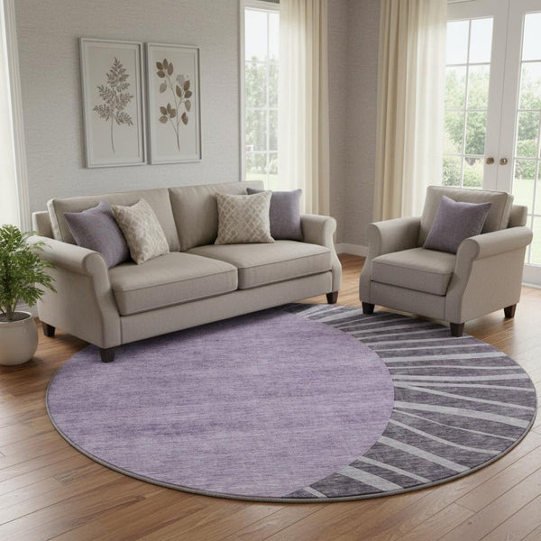 HomeRoots 8' Stylish Purple and Ivory Abstract Round Rug - Durable, Washable, UV-Protected for High-Traffic Homes 655412