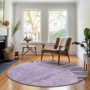 HomeRoots 8' Stylish Purple and Ivory Abstract Round Rug - Durable, Washable, UV-Protected for High-Traffic Homes 655412