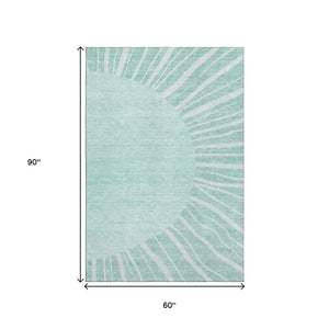 HomeRoots 5' X 8' Teal & Ivory Abstract Area Rug - Washable, UV-Protected, Durable for High-Traffic Spaces 655417