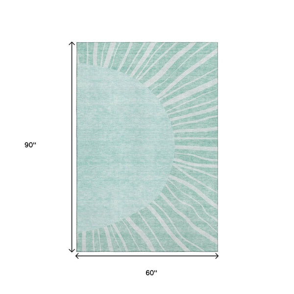 HomeRoots 5' X 8' Teal & Ivory Abstract Area Rug - Washable, UV-Protected, Durable for High-Traffic Spaces 655417