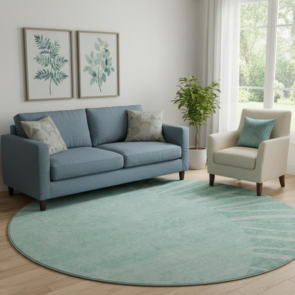 HomeRoots 8' Teal and Ivory Abstract Round Rug - Washable, UV-Protected, Stylish & Durable for Active Homes 655418
