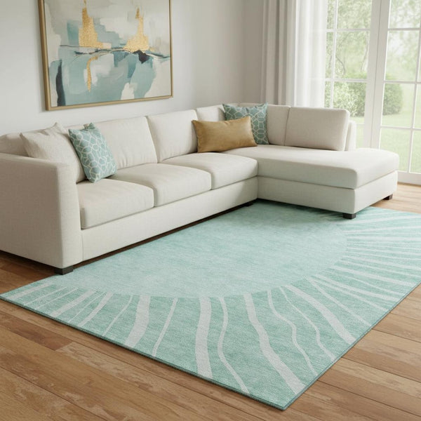 HomeRoots 9' X 12' Stylish Teal and Ivory Abstract Area Rug - Washable, Durable, UV-Protected for Modern Homes 655420
