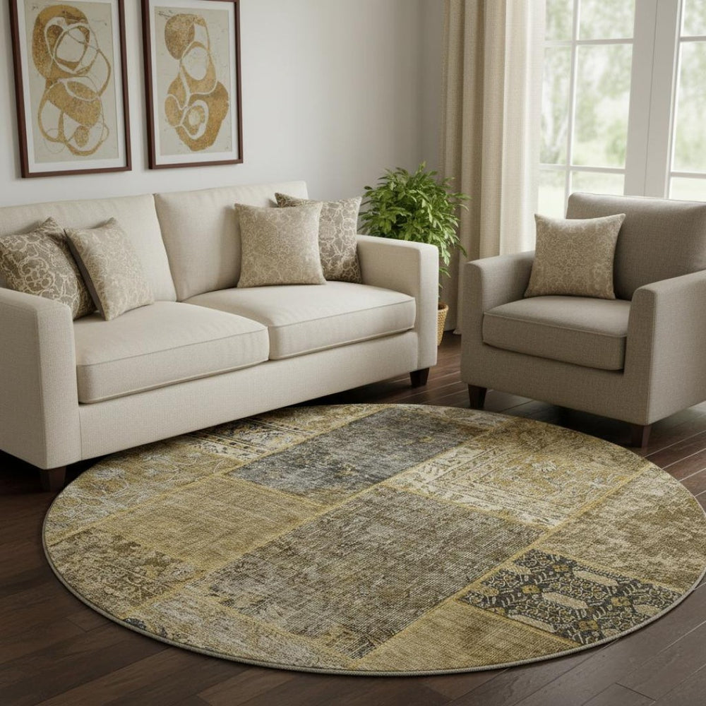 HomeRoots 8' Brown Gray and Charcoal Patchwork Washable Round Rug - Durable, Stylish, UV-Protected Design! 655424
