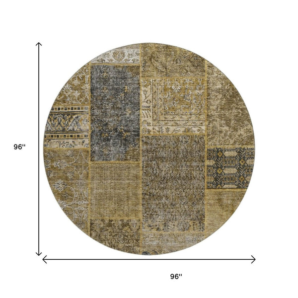HomeRoots 8' Brown Gray and Charcoal Patchwork Washable Round Rug - Durable, Stylish, UV-Protected Design! 655424