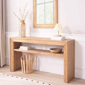 English Elm Rustic Farmhouse Console Table with Open Shelf Natural Wood Grain Entryway Accent W2729P270743