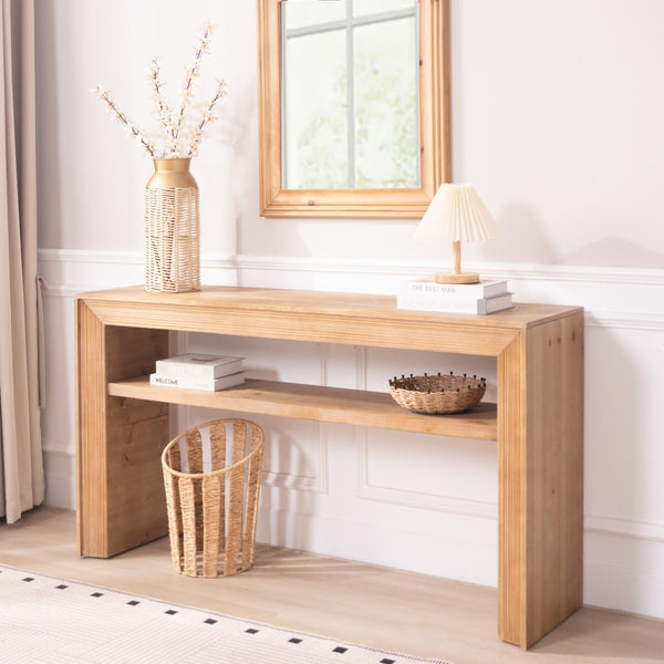English Elm Rustic Farmhouse Console Table with Open Shelf Natural Wood Grain Entryway Accent W2729P270743
