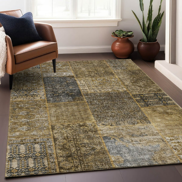 HomeRoots 9' X 12' Stylish Brown Gray Charcoal Patchwork Area Rug - Washable, Stain-Resistant, UV Protected! 655426