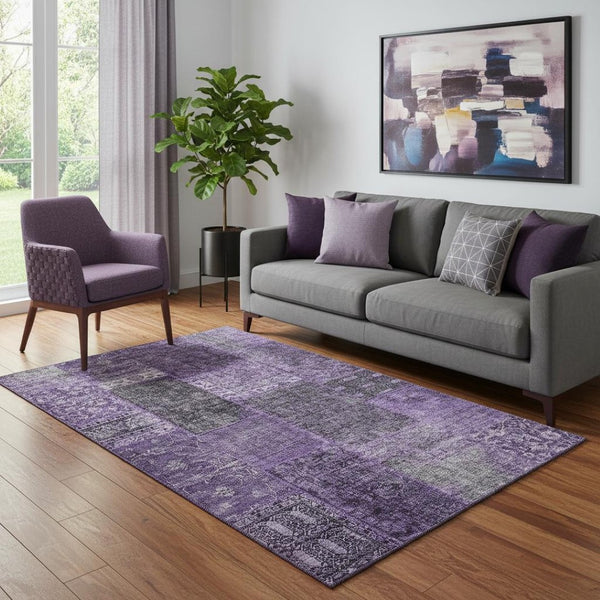 HomeRoots 5' X 8' Eggplant and Gray Patchwork Area Rug – Washable, UV Protected, Stain-Resistant, Stylish Home Decor 655429