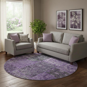 HomeRoots 8' Elegant Eggplant and Gray Patchwork Round Rug - Washable, UV Protected, Stain Resistant, Soft Touch 655430