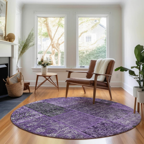 HomeRoots 8' Elegant Eggplant and Gray Patchwork Round Rug - Washable, UV Protected, Stain Resistant, Soft Touch 655430