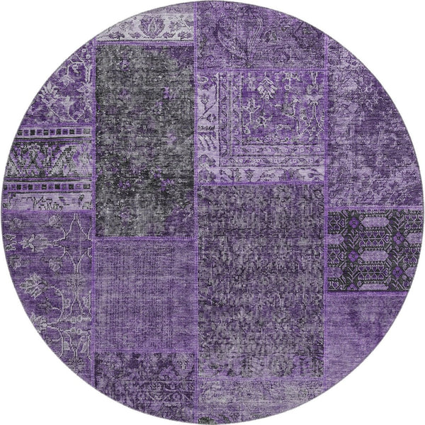 HomeRoots 8' Elegant Eggplant and Gray Patchwork Round Rug - Washable, UV Protected, Stain Resistant, Soft Touch 655430