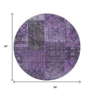 HomeRoots 8' Elegant Eggplant and Gray Patchwork Round Rug - Washable, UV Protected, Stain Resistant, Soft Touch 655430