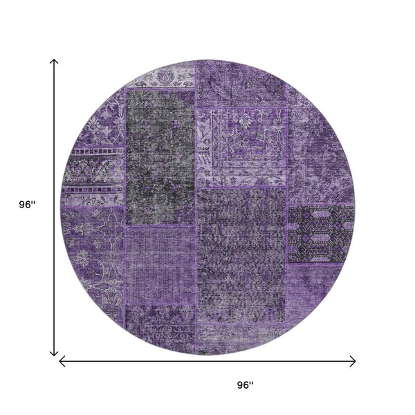 HomeRoots 8' Elegant Eggplant and Gray Patchwork Round Rug - Washable, UV Protected, Stain Resistant, Soft Touch 655430