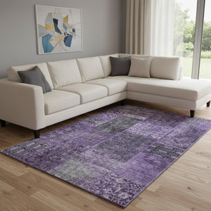HomeRoots 8' X 10' Eggplant & Gray Patchwork Area Rug – Washable, Stain-Resistant, UV Protected for Homes 655431