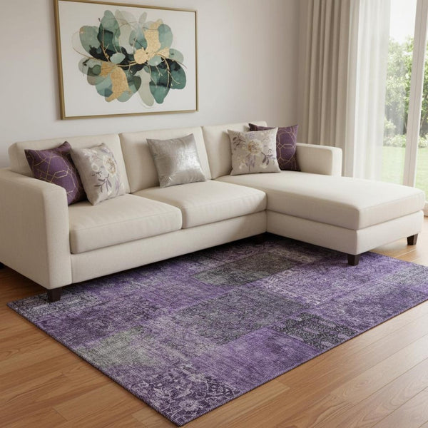HomeRoots 9' X 12' Eggplant & Gray Patchwork Area Rug – Durable, Washable, UV-Protected, Perfect for High-Traffic Homes! 655432