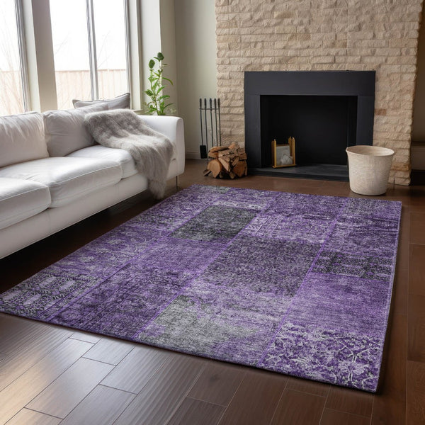 HomeRoots 9' X 12' Eggplant & Gray Patchwork Area Rug – Durable, Washable, UV-Protected, Perfect for High-Traffic Homes! 655432